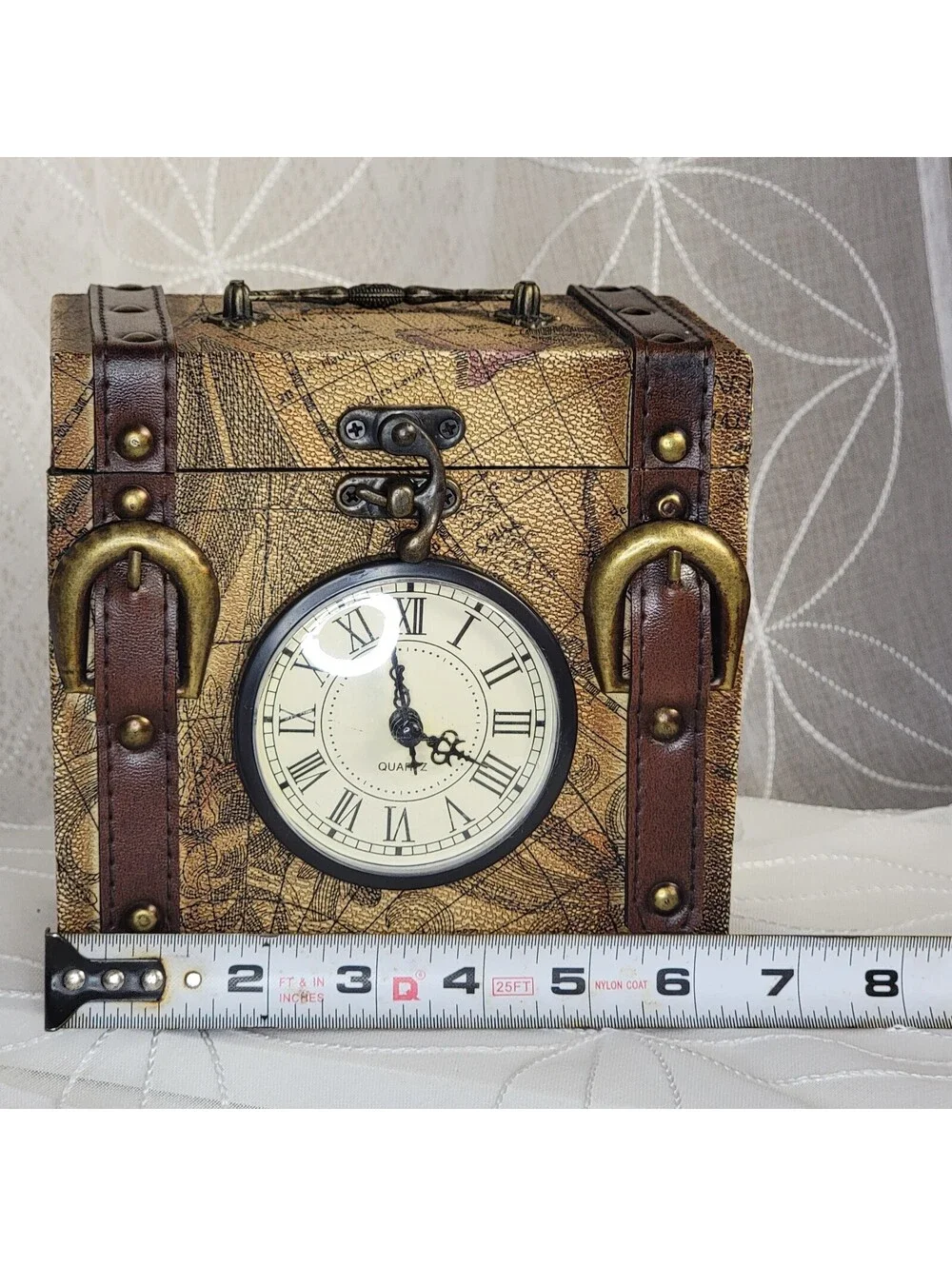 Vintage Wooden Box with Quartz Clock Leather Straps Rustic Colonial World Map